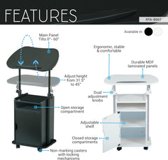 Techni Mobili Adjustable Laptop Cart with Storage, Rolling Mobile Workstation Desk with Cabinet, Shelf & Locking Wheels. Height Adjustable Sit to Stand for Home Office, Bedside, or Classroom (White)