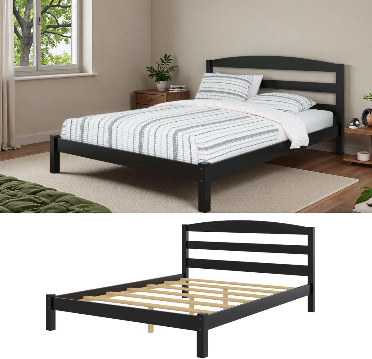 Full Size Bed Frame (78.5 inches), Black Solid Pine Frame with Low-Profile Curved Headboard, Wood Slats | Center Leg Support, No Box Spring Required, Easy Assembly for Bedrooms/Guest Rooms