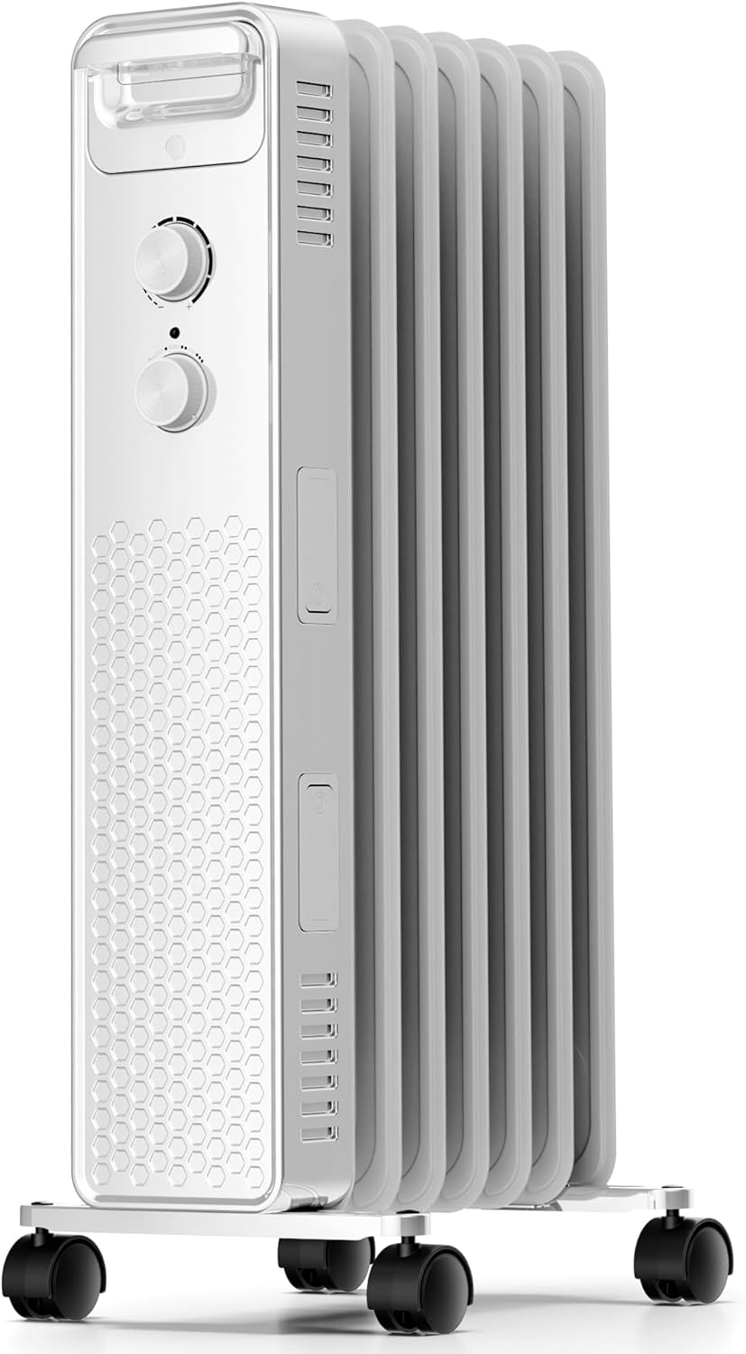 Portable Electric Radiator Heater, Space Oil Filled Heaters with 3 Heat Settings, Adjustable Thermostat, Overheat & Tip-Over Protection For Indoor Use,1500W (White)