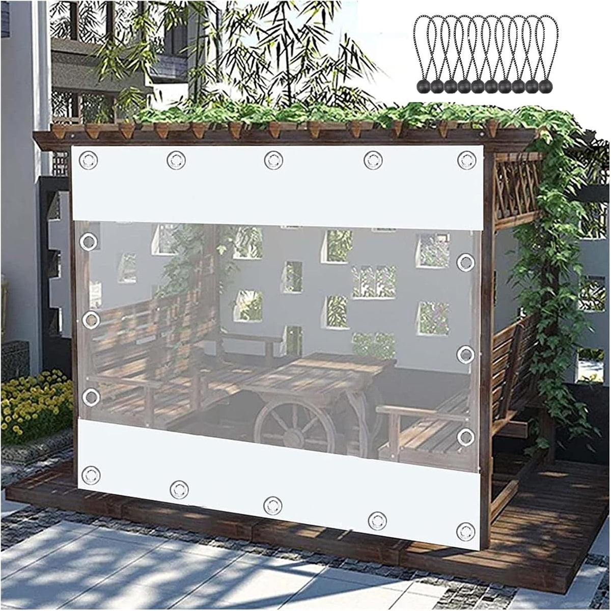 Outdoor White Clear Tarp Curtains, PVC Waterproof Tarpaulin, 0.35mm Weatherproof Transparent Tarpaulin Side Panels with Grommets, for Pergola Patio Porch Gazebo
