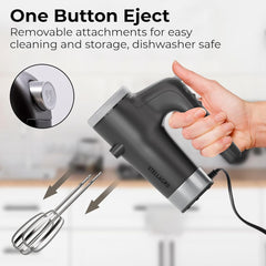 Electric Hand Mixer 9 Speed with Stainless Steel Whisk, Flat Beater & Dough Hook, Snap Storage Case, Compact Lightweight 350 W Powerful handheld mixer for Baking & Cooking, Gray