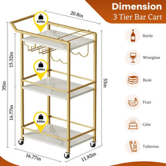 3 Tier Bar Cart, Mini Liquor Utility Cart for Wine Beverage Dinner Party, Rolling Wine Coffee Drink Serving Cart with Lockable Wheels for Home Kitchen Bars (11.8" D x 28.7" W x 35.4" H)