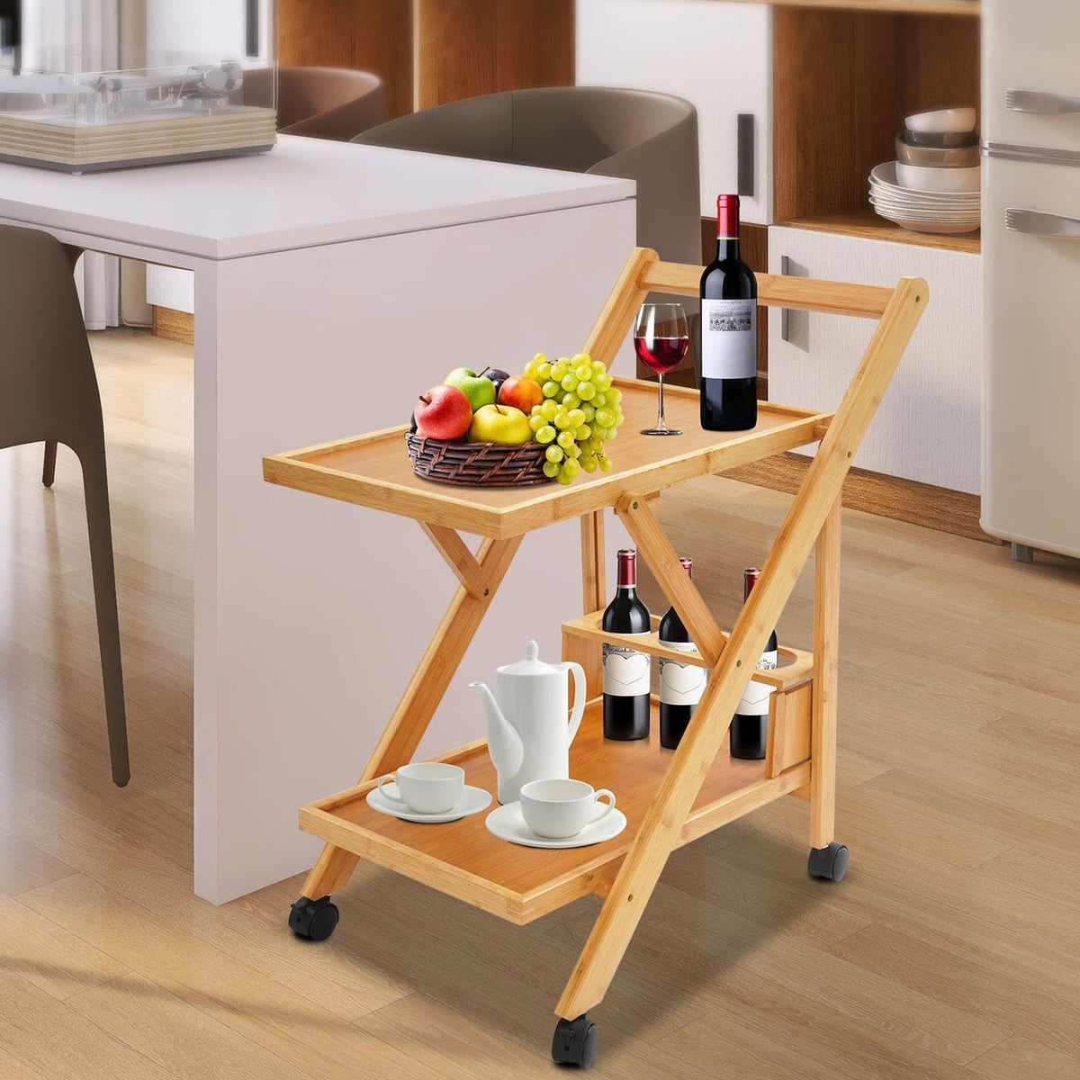 Bar Cart, 2 Tier Home Bar Serving Cart Wooden Mobile Kitchen Trolley Cart Rolling Kitchen Shelves with 3 Hole Wine Rack for Kitchen Dining Room Restaurant Party Bars