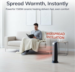 Lasko Portable Electric 1500 Watt Indoor Oscillating Tower Ceramic Space Heater with Adjustable Thermostat, Remote, and Timer, Silver