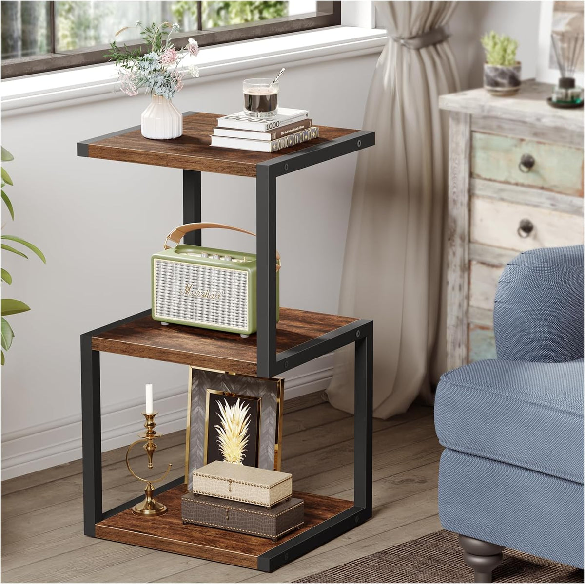 Side Table with 3-Tier Storage, S-Shape Bedside End Table for Small Spaces, 29.5'' Tall Nightstand for Living Room, Bedroom, Nursery, Easy Assembly, White