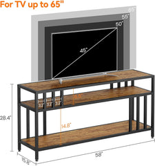 Garvee 58 in TV Stand for Television up to 65 in, Entertainment Center with 3-Tier Open Shelves, TV Media Console Table with Quadruple-Tube Support for Living Room, Entryway, Rustic Brown