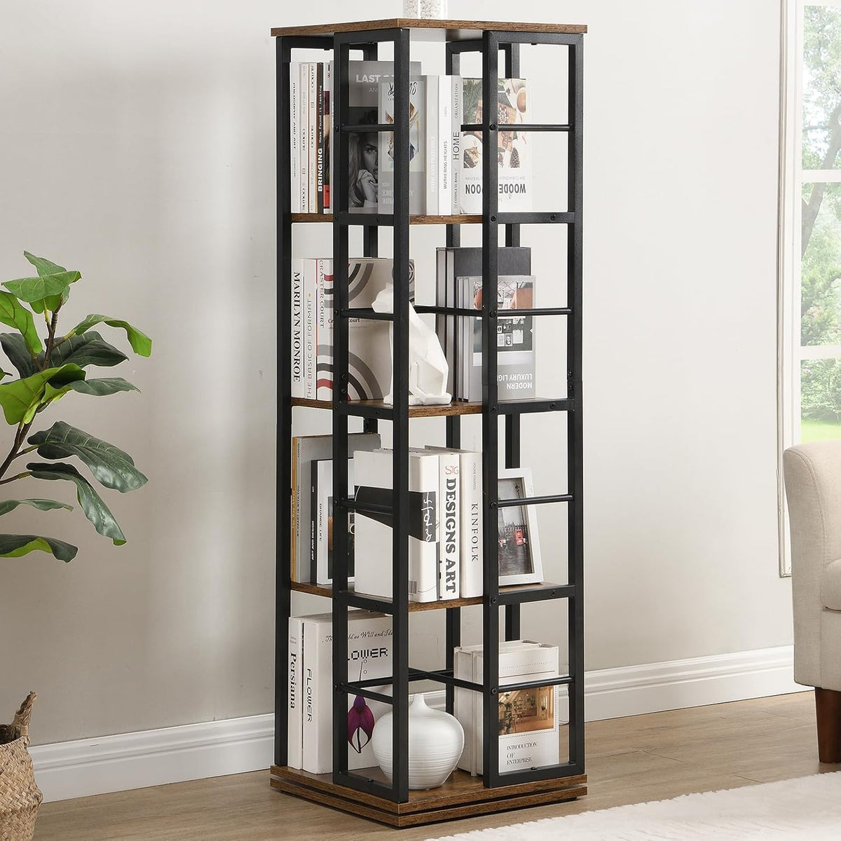 4 Tier Rotating Bookshelf Tower, Round Spinning Bookshelf Tower with Baffle, 360°Wood Revolving Bookcase for Kids & Adults, Vertical Rotate Turning Spiral Organizer (White, Round 4 Tier)