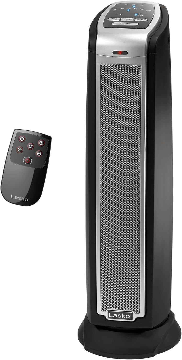 Lasko Portable Electric 1500 Watt Indoor Oscillating Tower Ceramic Space Heater with Adjustable Thermostat, Remote, and Timer, Silver