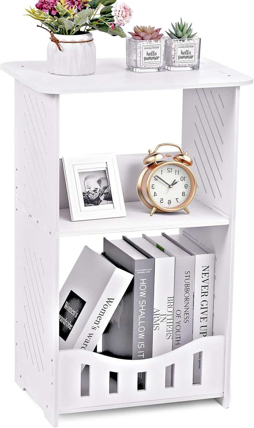 3 Tier Side Table Night Stand, Narrow End Table with Storage Shelf, Extended Desktop & Solid Structure, Small Tables for Bedroom/Living Room/Office/Bathroom, Simple Bedside Table Small Bookcase