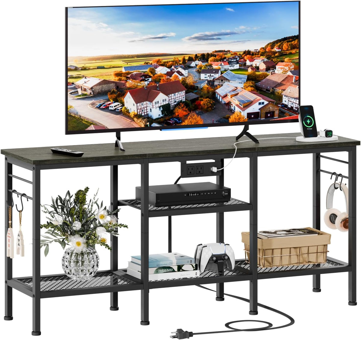 Furologee TV Stand with Power Outlets, Entertainment Center with Open Storage Shelves for TVs up to 55 Inch, Media Console Table with Soundbar Shelf for Living Room, Bedroom, Rustic Brown