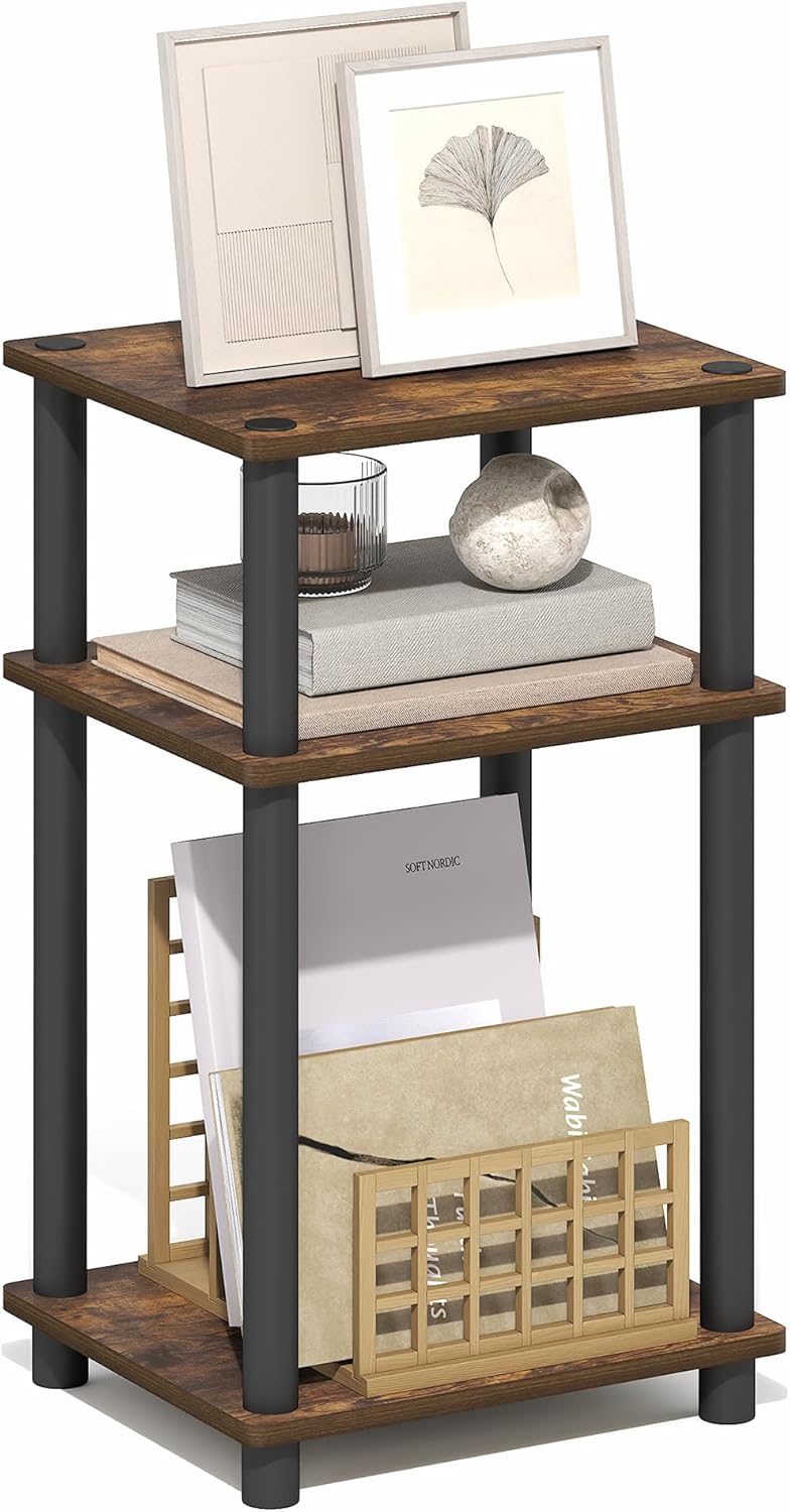 Furinno Turn-N-Tube Side Table, 3-Tier End Table with Open Shelf, Toolless Assembly Night Stand, Bedside Table, for Living Room, Bedroom, Brown Walnut