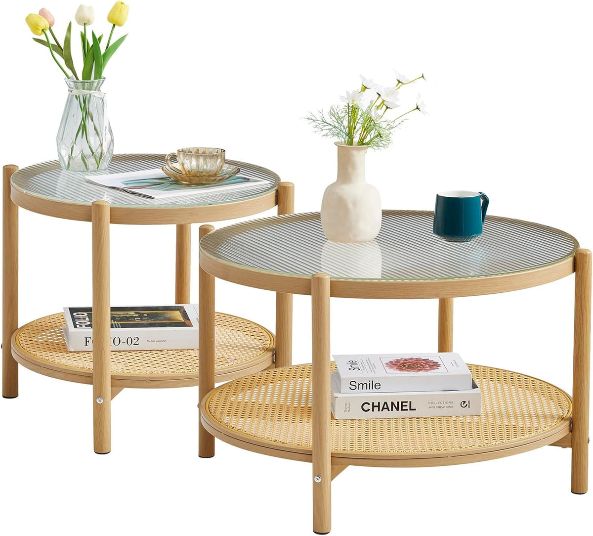 COSVALVE 27.5" Boho Rattan Coffee Table, Round Glass Metal Center Table, Modern Simple 2 Tier Middle Table for Small Space Living Room Bedroom Office Meeting Room