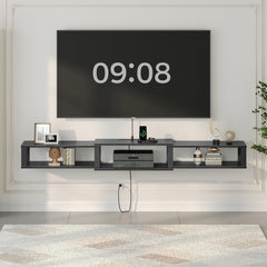Floating TV Stand with Power Outlet, Wall-Mounted Entertainment Center with Storage, Floating Metal Frame Media Console Shelf for Under TV Storage, for Living Room, Bedroom, White TVBW101E01