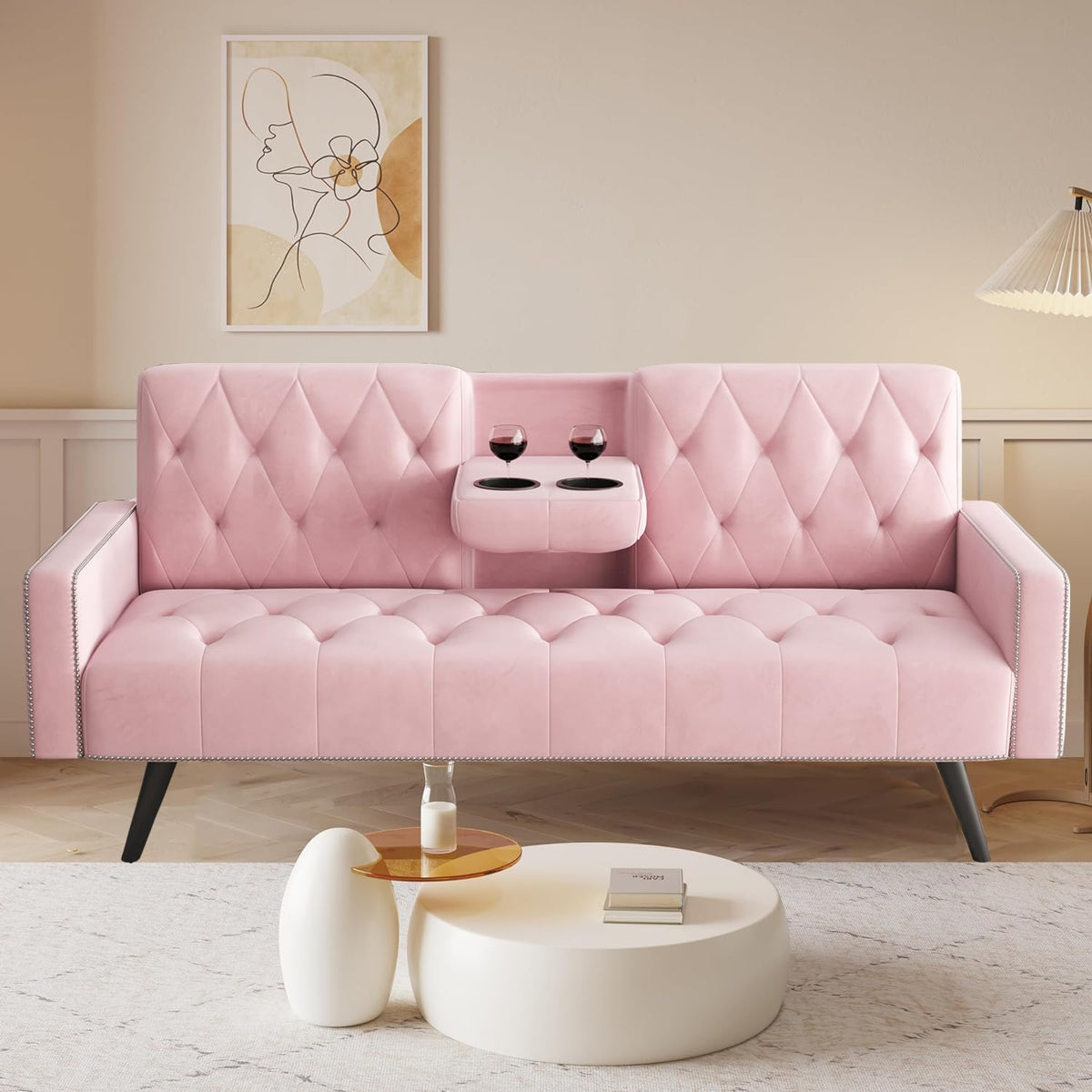 72" Pink Velvet Futon Couch Living Room Couch Bed Convertible Sleeper Sofa Bed with Cup Holder for Bedroom Guest Bed 2 Seater Reclining Sofas Couches with Nailhead Trim for Small Space (Pink)