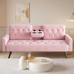 72" Pink Velvet Futon Couch Living Room Couch Bed Convertible Sleeper Sofa Bed with Cup Holder for Bedroom Guest Bed 2 Seater Reclining Sofas Couches with Nailhead Trim for Small Space (Pink)