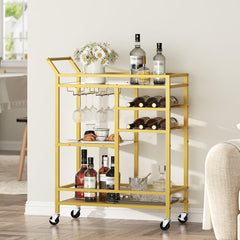 Bar Cart for Home, 3-Tier Serving Cart with Glass Top, Beverage Cart with Wine Rack and Glass Holder, Drink Cart with Wheels, for Dining Room, Living Room, Gold and White RCJM71B01