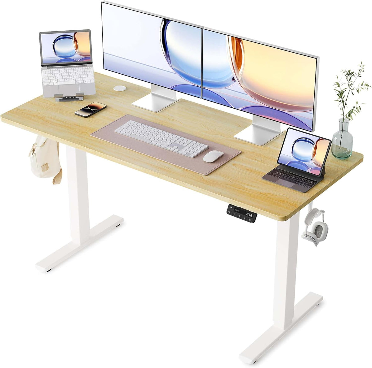 YIHAYO Electric Standing Desk, 55 x 24 Inches Stand Up Desk with Splice Board, Adjustable Height Desk, Computer Desk for Home Office, White Frame/White Top