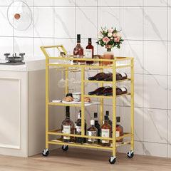 Bar Cart for Home, 3-Tier Serving Cart with Glass Top, Beverage Cart with Wine Rack and Glass Holder, Drink Cart with Wheels, for Dining Room, Living Room, Gold and White RCJM71B01