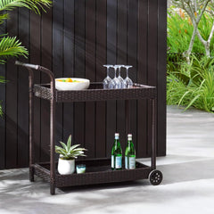 Brown Bar Cart with Wheels, Resin Wicker & Metal Frame, Mobile Storage with Flat Top & Bottom Shelf, for Entertaining Guests