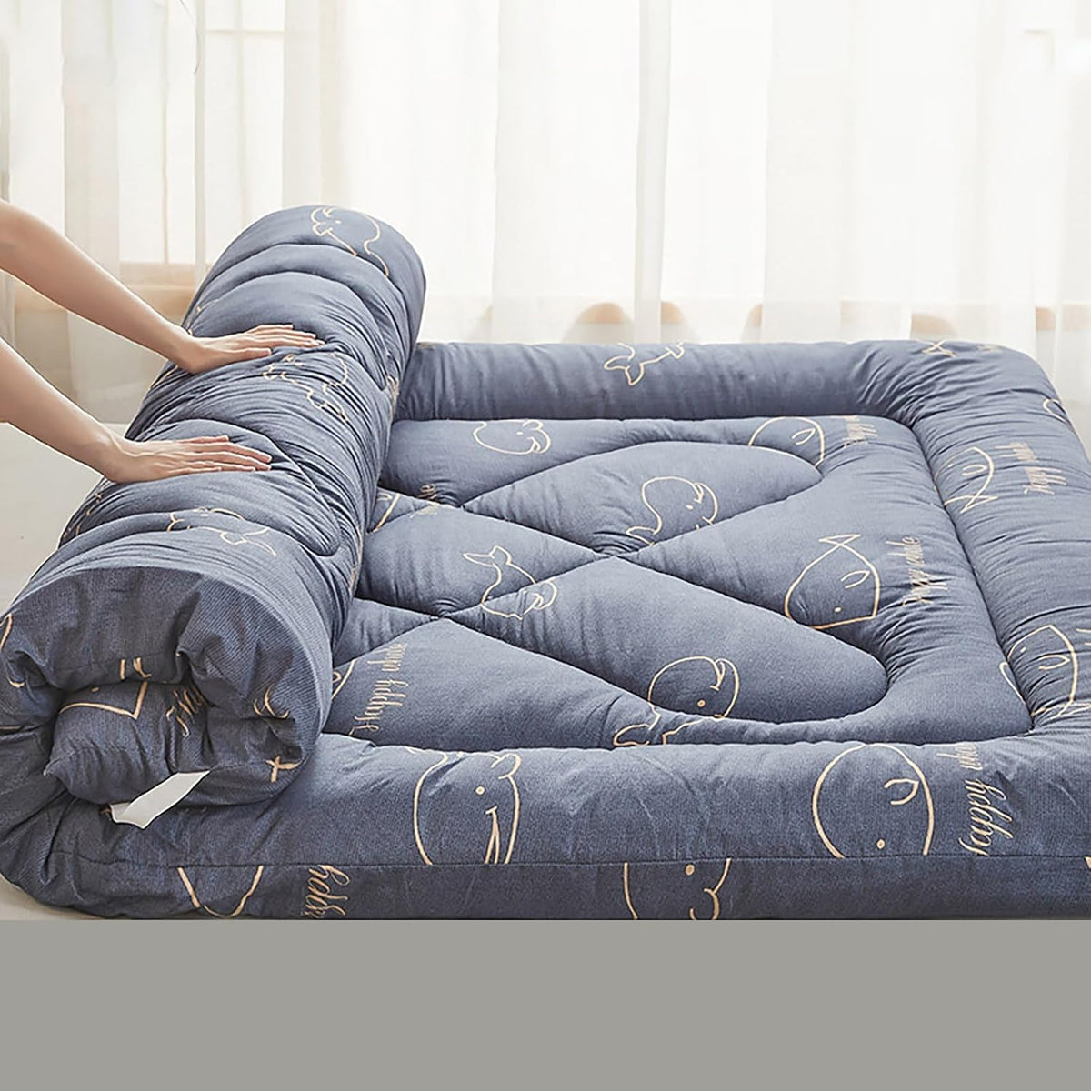 Full Size roll-up Floor Mattress, Foldable Japanese Floor Mattress, Winter Non-Slip Soft Roll Up Bed Student Dormitory Mattress Topper, Portable Tatami Mattress, Easy to store(Blue,150x190cm/59*75in)