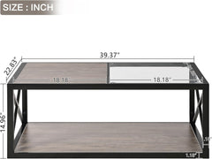 Modern Industrial Coffee Table with Tempered Glass & Rustic Wood Grain MDF, X-Frame Metal Legs, Storage Center Table for Living Room, 39.37" -Natural or Grey Wood Finish (Natural Wood Finish)