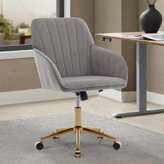 Gray Adjustable Criss Cross Legged Office Chair with Wheels and Arms, Rolling Vanity Chairs for Desks, Ergonomic Computer Chair for Home Office, Apartment Dorms