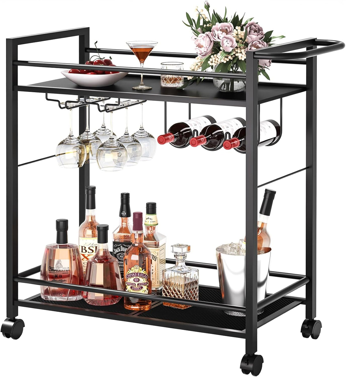 Bar Cart,Home Bar Serving Cart with Storage Shelves, 2 Tier Rolling Beverage Cart with Wheels, Modern Flowing Gold Wine Cart with Wine Rack and Glass Holder for Kitchen, Dinning Room,Living Room