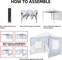 White 10x10 FT Pop Up Canopy Tent with 1 Sidewall, Heavy Duty Canopy for Outdoor, Commercial Instant Gazebos, for Party, Patio, by Kendane.