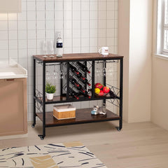 SUN & SUMMER Wine Bar Cabinets Cart, Mobile Bar Carts with Wine Rack for The Home, 3 Tier Home Bar Serving Cart w/Large Storage Space, Glass Holder, Lockable Wheel, Heavy Duty - Retro