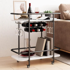 MORITIA Black Bar Cart with 4 Wheels 2 Tier Rolling Drink Trolley Beverage Serving Cart for Entertaining, Mobile Wine Cart with Handles Drink Cart for Kitchen, Dining Room, Living Room, Party