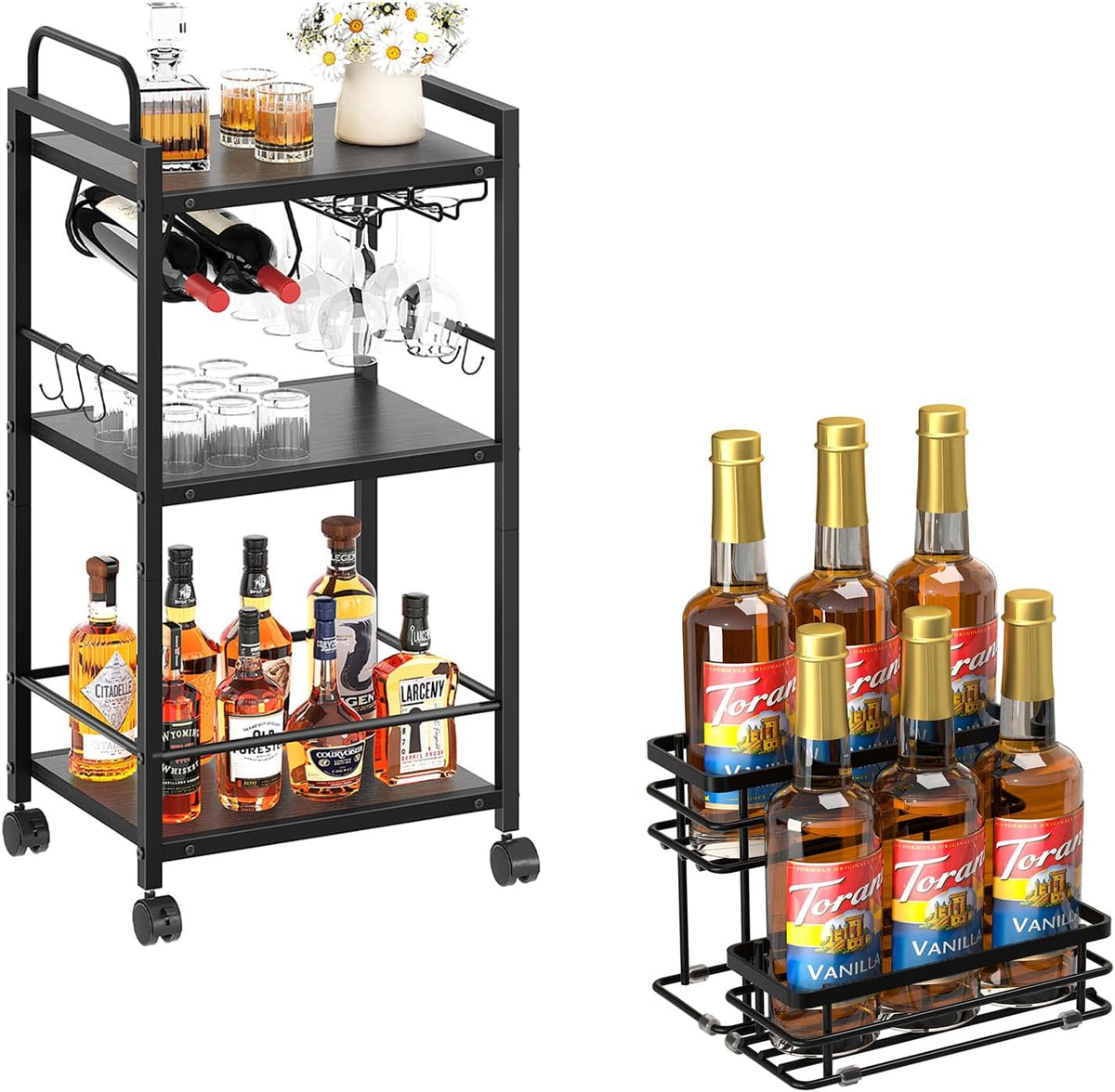 Bar Cart for The Home, 3 Tier Kitchen Carts with Wheels, Small Rolling Cart with Glass Holders,6 Bottle Coffee Syrup Organizer Rack, 2 Tier Spice Rack Organizer, Seasoning Organizer for Cabinet