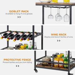 GORELAX Industrial Bar Cart with Wine Rack and Glass Holder, 3 Tier Rolling Beverage Cart, Vintage Serving Trolley Cart with Wheels, Kitchen Utility Home Coffee Cart for Living Dining Room, Outdoor