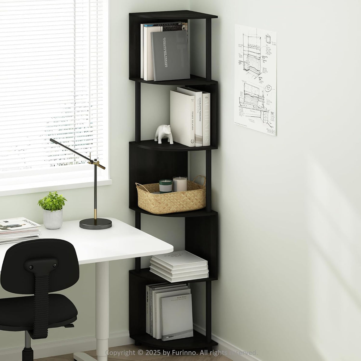 Furinno Basic Book Shelf, 4-Tier Bookshelf, Bookcase with Corner Shelf, 12 x 12 x 57.1, for Living Room, Bedroom, Home Office, Espresso