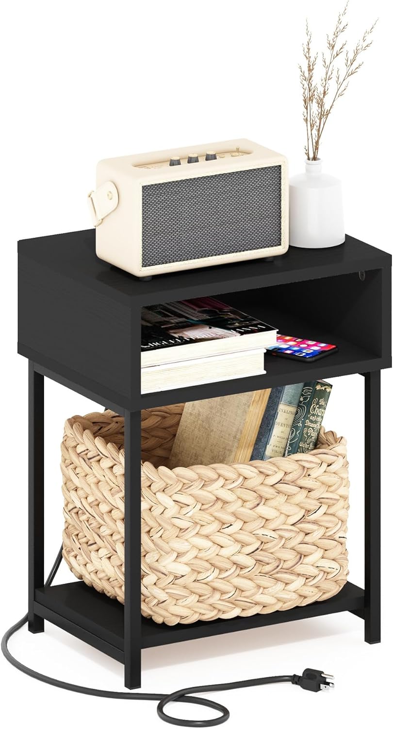 Furinno Moretti Side Table, 3-Tier End Table with Charging Station, Metal Frame Night Stand, Bedside Table with USB and Type-C Charging Port, for Living Room, Bedroom, Americano