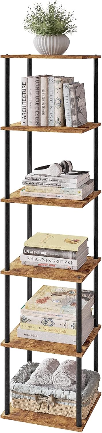 58" Narrow Bookshelf, 6-Tier Tall Bookcase Small Space, Corner Book Shelf Slim Storage Display Rack Living Room Bedroom Study Office, Rustic Brown