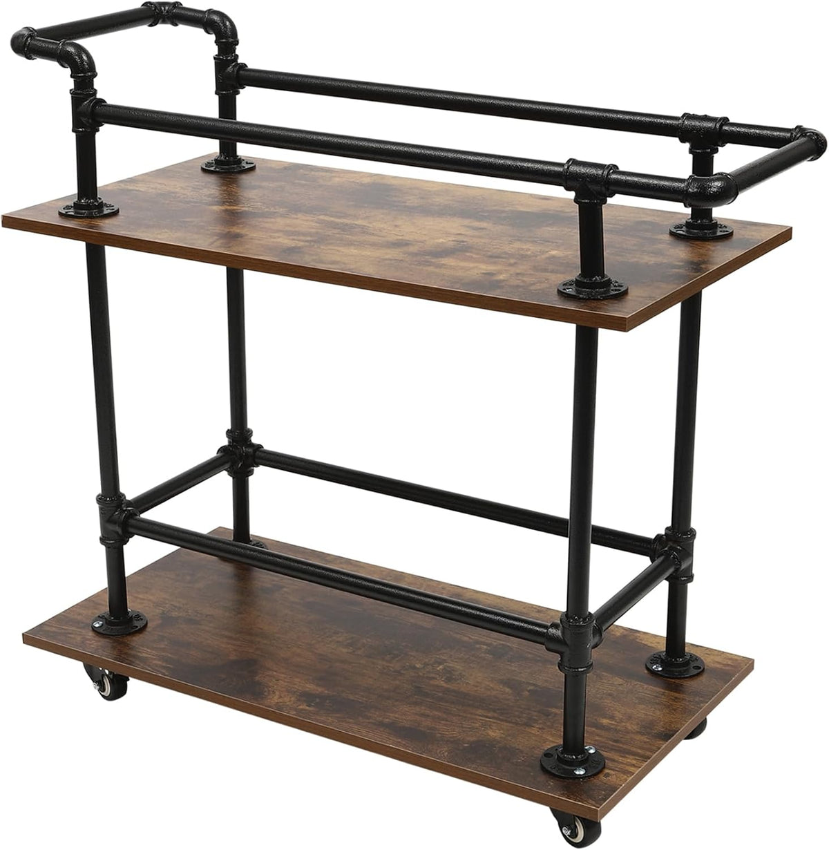 Wooden Partitions Bar Cart with Removable Hooks, Rustic Serving Beverage Trolley on 4 Universal Wheels, Industrial Durable Mobile Kitchen Shelf (3 Tier - 25.59 * 15.75 * 37 Inches)