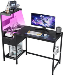 Computer Desk with Power Outlet & Storage Shelves, Study Writing Table with USB Ports Charging Station, PC Desk Workstation for Home Office, Black