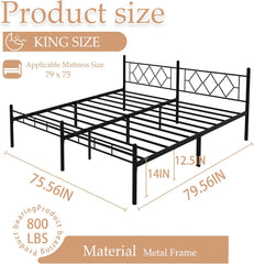 14inch Queen Size Bed Frame No Box Spring Needed,Heavy Duty Metal Platform with headboard and Footboard, Noise Free, Sturdy Steel Slat Support, Easy Assembly(Black and Rhombus)