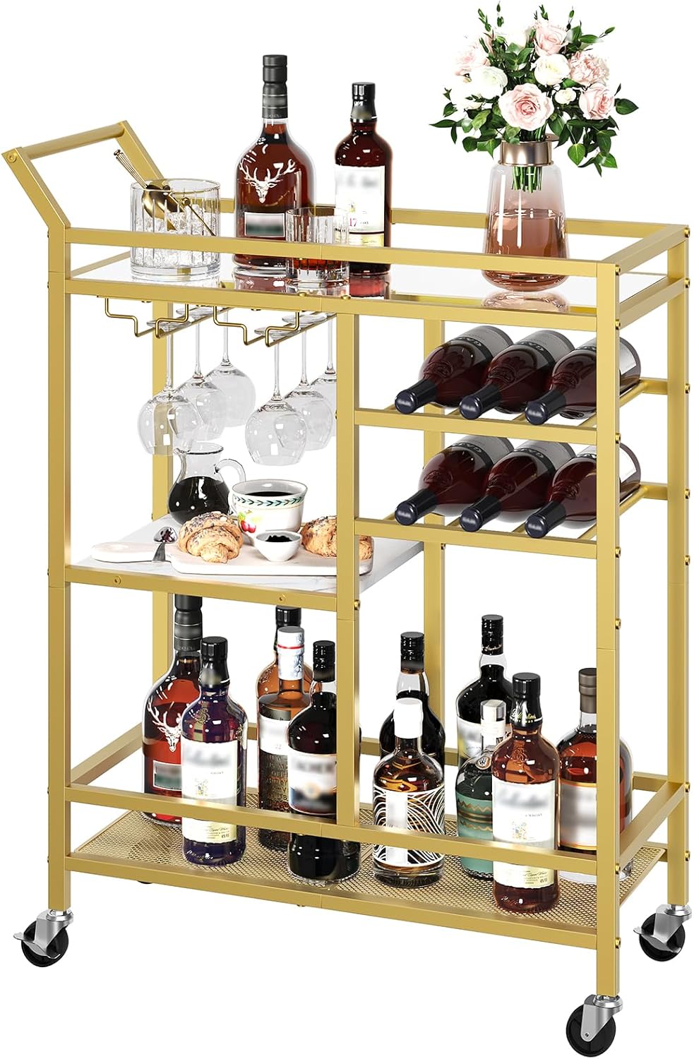Bar Cart for Home, 3-Tier Serving Cart with Glass Top, Beverage Cart with Wine Rack and Glass Holder, Drink Cart with Wheels, for Dining Room, Living Room, Gold and White RCJM71B01