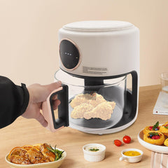 3.81Qt Airy Fryer 1200W Glass Cylinder Air Fryer Adjustable Temp 176℉-392℉, 60 Min Timer 360°Viewable Glass Basket, Digital Display, Nonstick for Family/Outdoor Use (white)