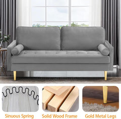 67" Velvet Loveseat Sofa with Gold Metal Legs - Mid-Century Compact 2-Seater Couch with 2 Bolster Pillows | Velvet Upholstered Small Space Sofa for Living Room, Apartment & Bedroom (Grey)