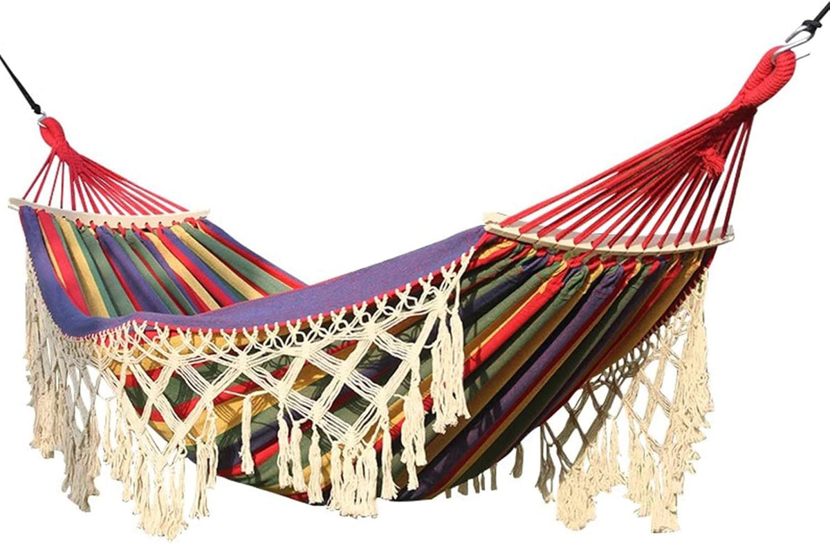 Handmade Cotton Woven Hammock, Balcony Hanging Rope Swing with Tassels, Portable Camping Double Boho Canvas Hammocks for Indoor Outdoor Patio Yard Garden(200x150cm/78.7x59in, Rainbow)