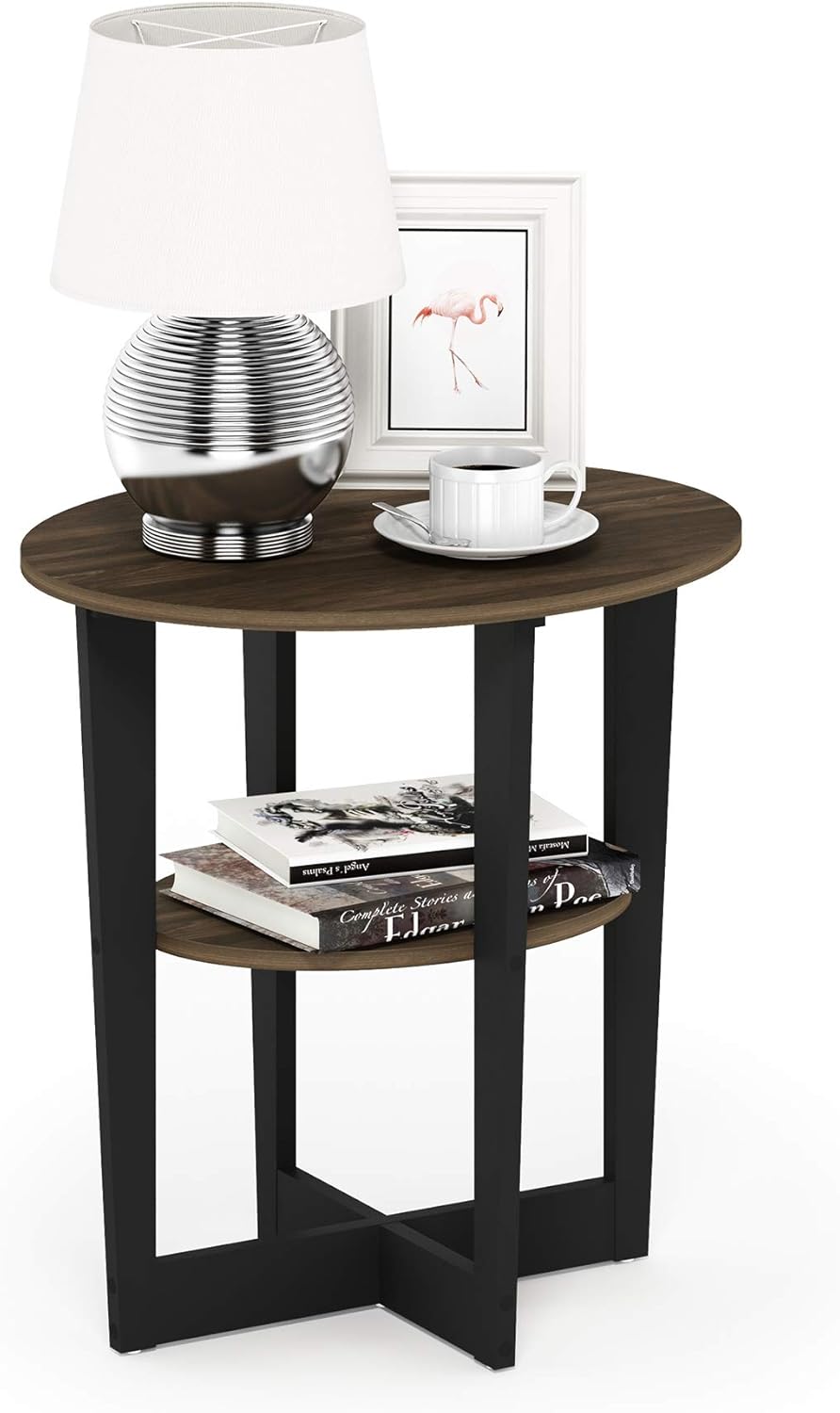 Furinno Jaya Side Table, 2-Tier Round End Table with Oval Tabletop, Night Stand, Bedside Table with Open Shelf, for Living Room, Bedroom, White