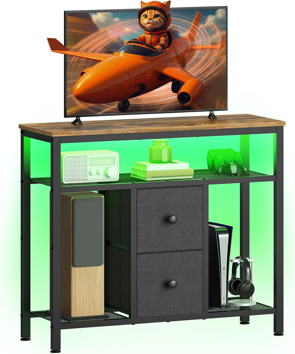 TV Stand Dresser with LED Lights, Entertainment Center with 2 Fabric Drawers and Mesh Shelves, Tall TV Media Console Table, for Living Room, Bedroom, Black and Rustic Brown DS10DBR