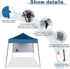 6x6 FT Pop Up Canopy Tent with 1 Sidewalls,Commercial Instant Awning Portable Freestanding Shelter w/Carry Bag, Wedding Tents for Parties,Beach,Backyard,Camping,Outdoor, Easy Set Up Tent,Blue