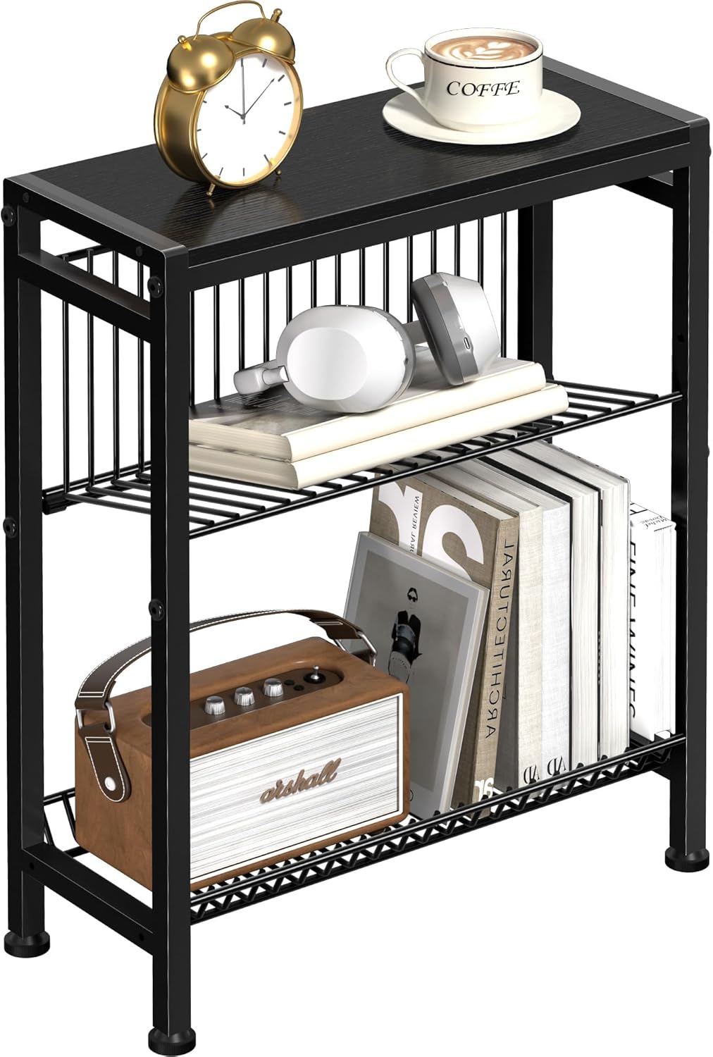 End Table for Small Space, 3-Tier Narrow Side Table with Magazine Holder, Nightstand, Skinny Snack Couch Table in Living Room, Bedroom Study and Balcony (Black)