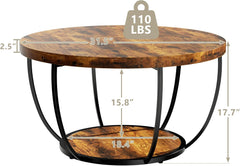 Round Coffee Table, 31.5" Wooden 2-Tier Circle Coffee Table with Storage Shelves, for Living Room & Kitchen (Rustic Brown)