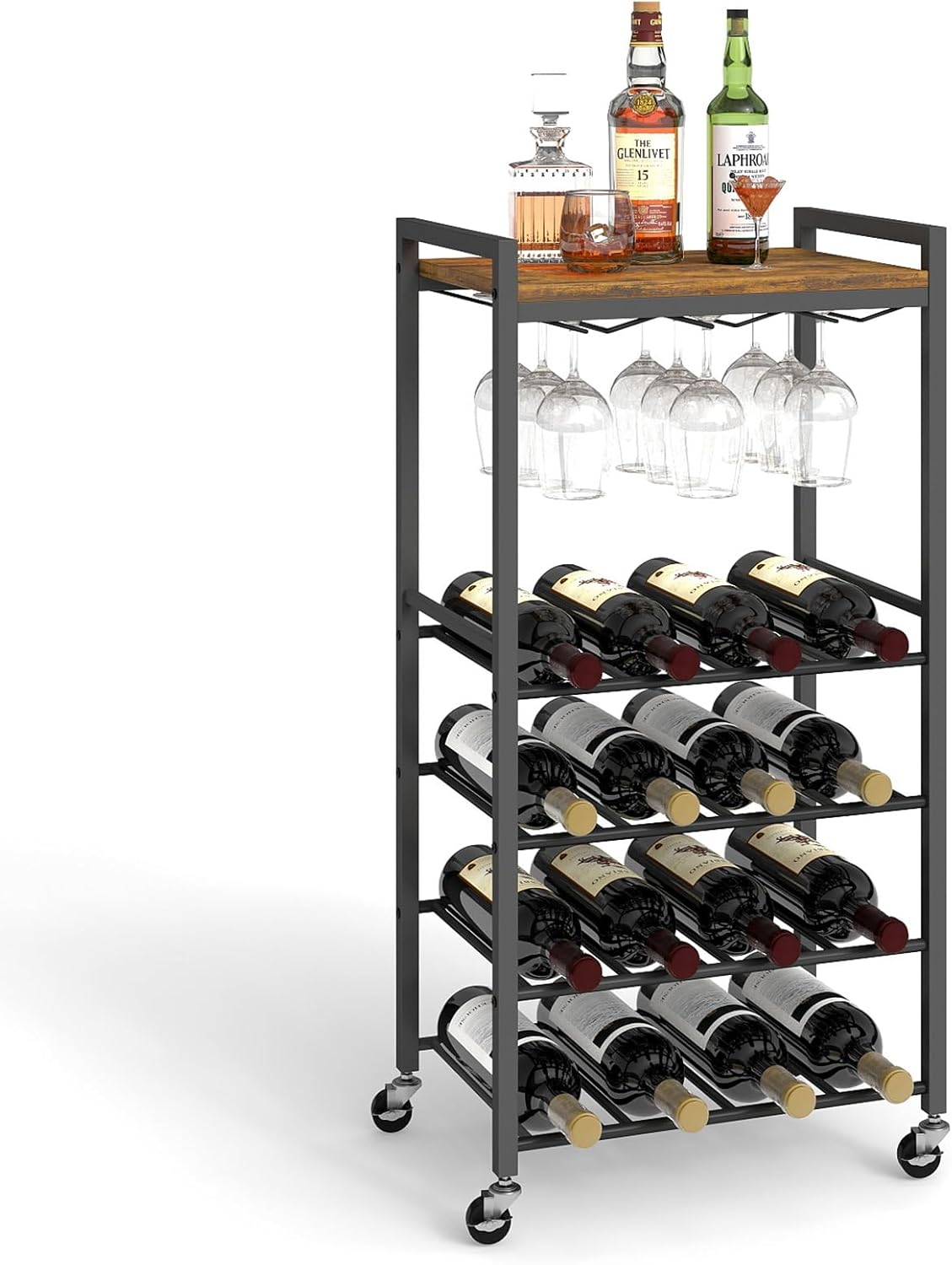 Bar Cart with Glass Holder, Rolling Wine Rack with Top Shelf, 5-Tier Serving Cart on Wheels for Kitchen, Dining Room, Living Room, Holds 16 Bottles & 9 Glasses (Rustic Brown, 5-Tier)