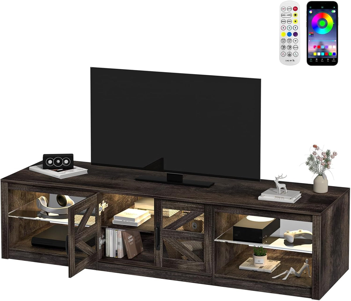 TV Stand for 78 Inch with Sliding Barn Doors, Entertainment Center with Remote Control LED Light,Adjustable Shelves, Mid Century Modern Media TV Console Table for Living Room Bedroom Grey