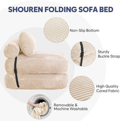 SHOUREN Folding Sofa Bed,Convertible Sleeper Chair Bed with Pillow,Foldable Futon Couch Mattress with Back Support,Portable Lazy Floor Sofa Lounger, Beige, Single